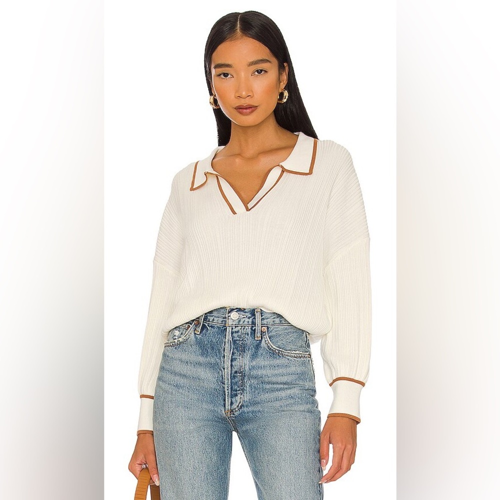 Sancia V-Neck Cream Sweater with Brown Trim